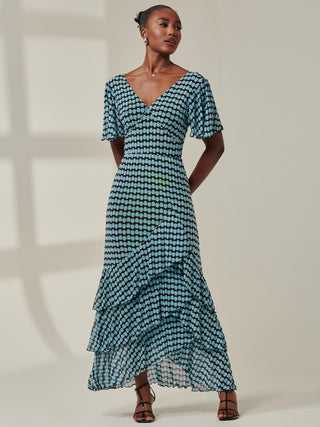 Geo Print Tiered Maxi Dress, Blue Geo