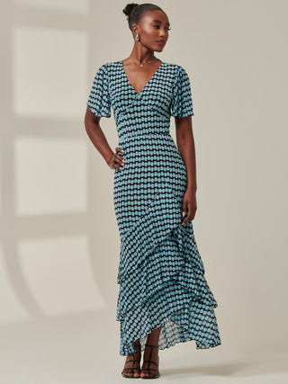 Geo Print Tiered Maxi Dress, Blue Geo