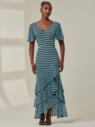 Geo Print Tiered Maxi Dress, Blue Geo