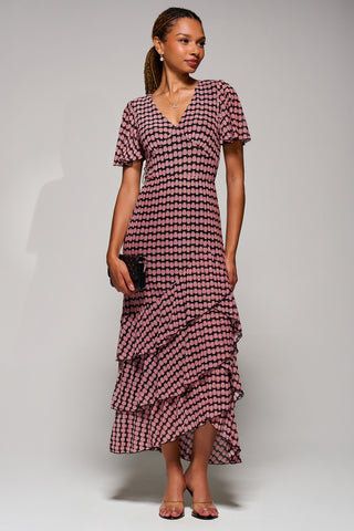 Geo Print Tiered Maxi Dress, Pink Geo