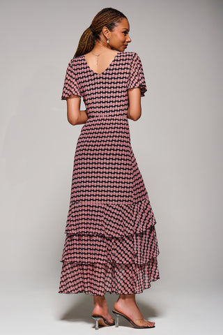 Geo Print Tiered Maxi Dress, Pink Geo