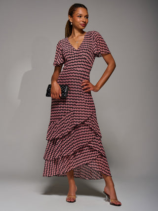 Geo Print Tiered Maxi Dress, Pink Geo