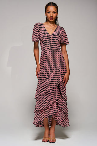 Geo Print Tiered Maxi Dress, Pink Geo