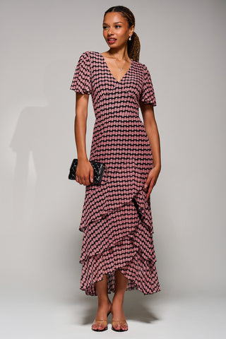 Geo Print Tiered Maxi Dress, Pink Geo