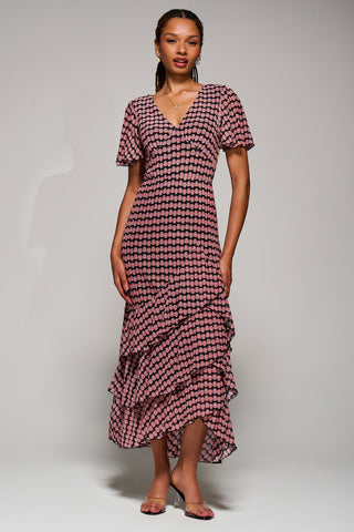 Geo Print Tiered Maxi Dress, Pink Geo
