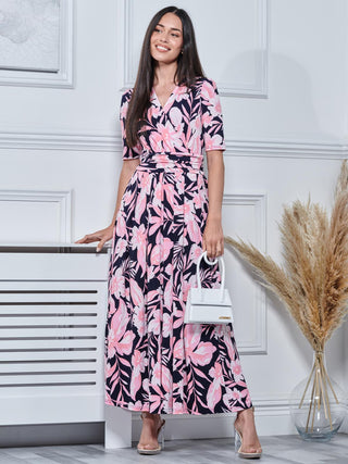 Saniya Print Jersey Maxi Dress, Navy Orange Floral