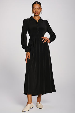 Long Sleeve Shirt Jersey Maxi Dress, Black