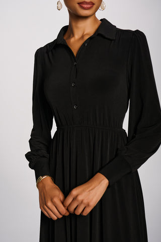 Long Sleeve Shirt Jersey Maxi Dress, Black
