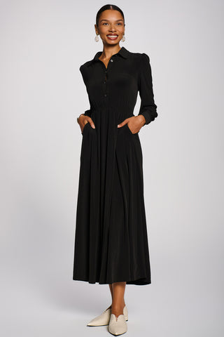 Long Sleeve Shirt Jersey Maxi Dress, Black