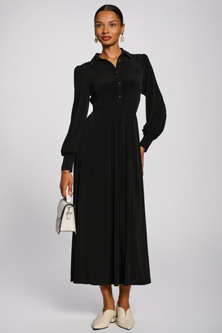 Long Sleeve Shirt Jersey Maxi Dress, Black