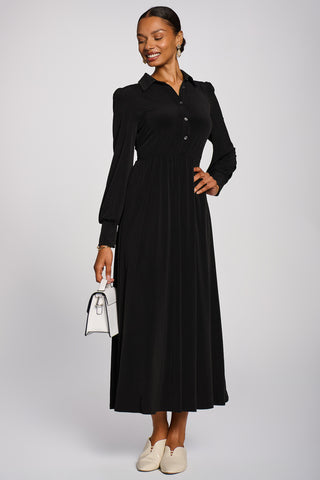 Long Sleeve Shirt Jersey Maxi Dress, Black