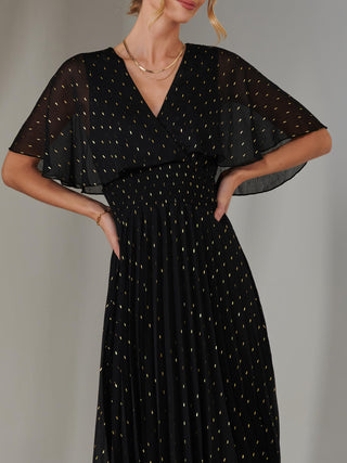 Metallic Spot Chiffon Pleated Dress, Black