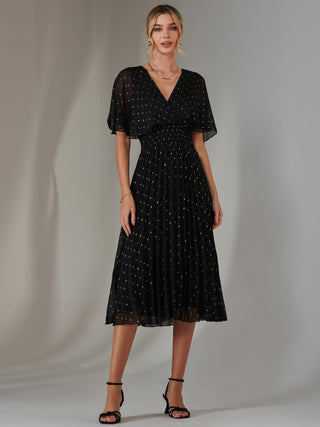 Metallic Spot Chiffon Pleated Dress, Black