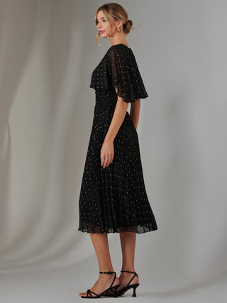 Metallic Spot Chiffon Pleated Dress, Black