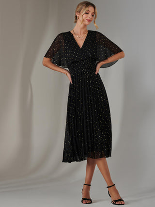 Metallic Spot Chiffon Pleated Dress, Black