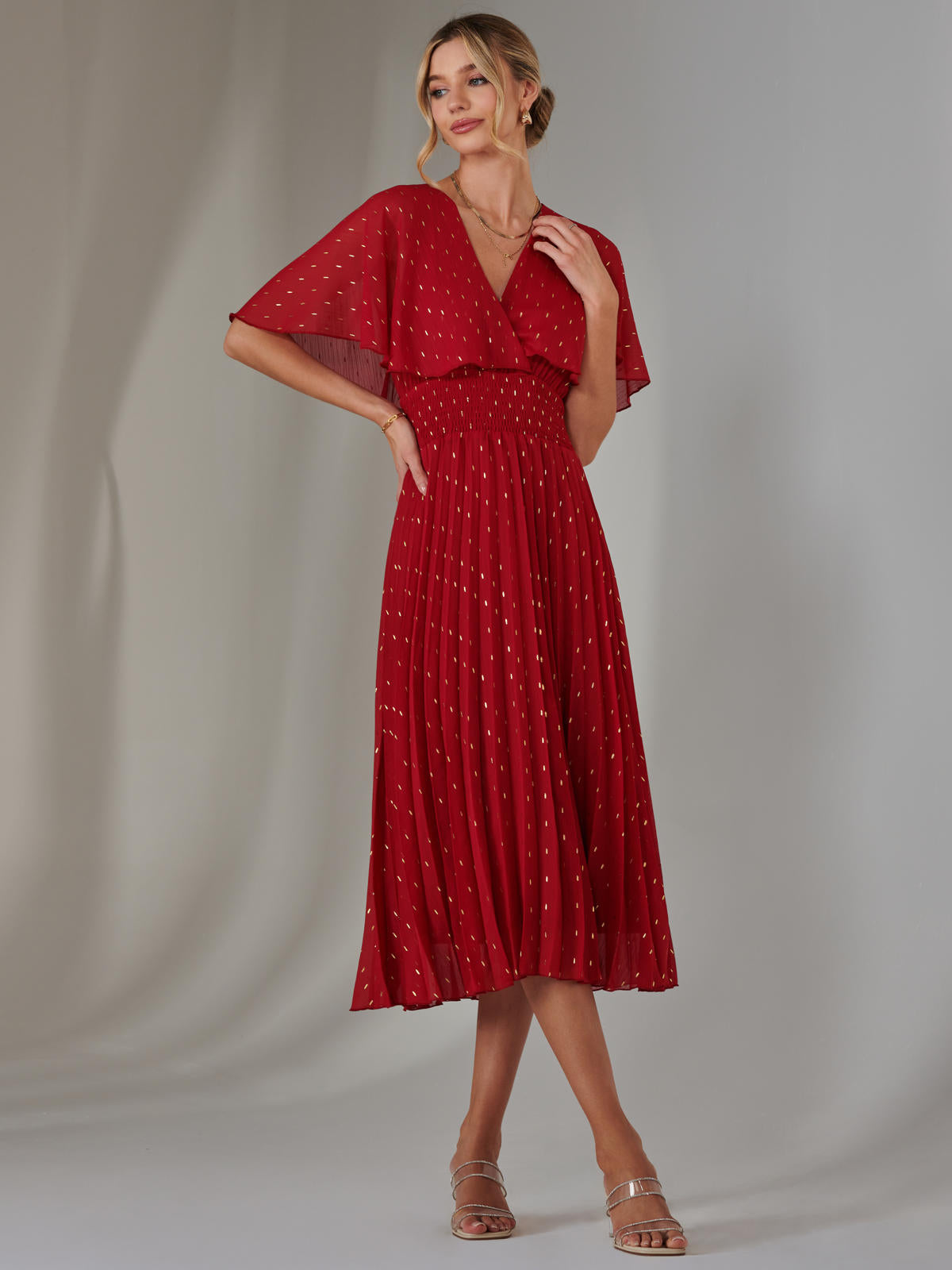 Metallic Spot Chiffon Pleated Dress, Dark Red – Jolie Moi Retail
