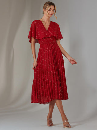 Metallic Spot Chiffon Pleated Dress, Dark Red