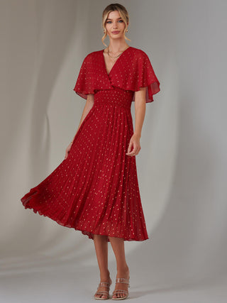 Metallic Spot Chiffon Pleated Dress, Dark Red