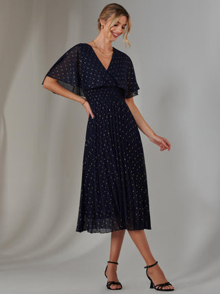 Metallic Spot Chiffon Pleated Dress, Navy