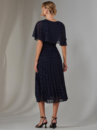 Metallic Spot Chiffon Pleated Dress, Navy