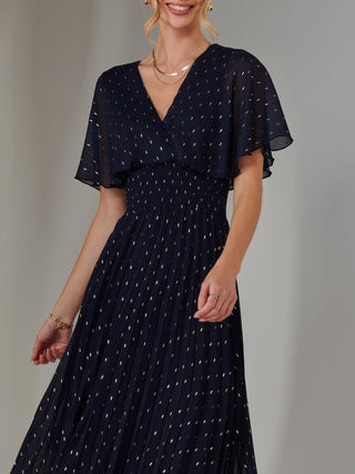 Metallic Spot Chiffon Pleated Dress, Navy