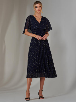 Metallic Spot Chiffon Pleated Dress, Navy