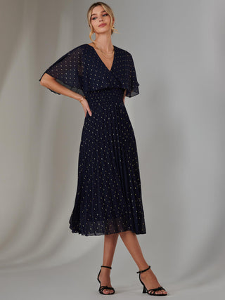 Metallic Spot Chiffon Pleated Dress, Navy