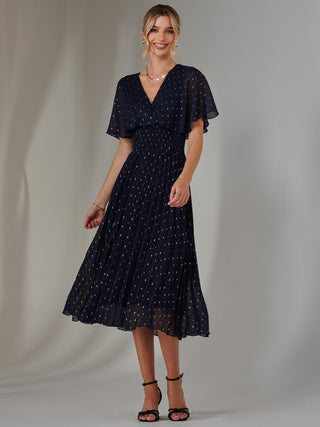 Metallic Spot Chiffon Pleated Dress, Navy