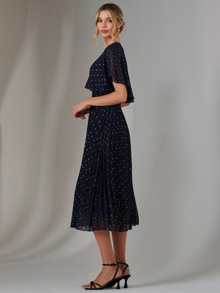 Metallic Spot Chiffon Pleated Dress, Navy