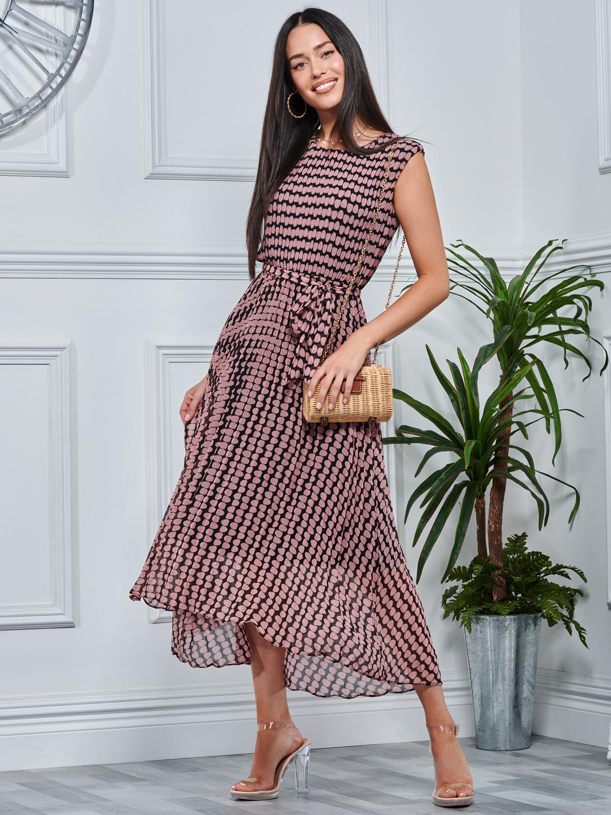 Pleated Chiffon High Low Maxi Dress Pink Geo Jolie Moi Retail