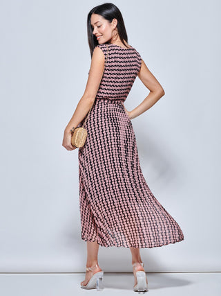 Pleated Chiffon High-Low Maxi Dress, Pink Geo