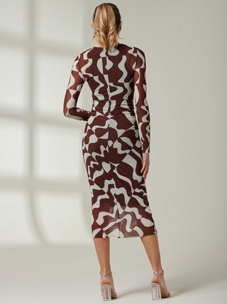 Gionna Mesh Long Sleeve Midaxi Dress, Brown Pattern