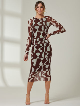 Gionna Mesh Long Sleeve Midaxi Dress, Brown Pattern
