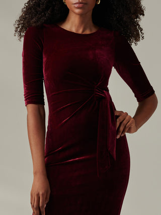 Velvet Side Tie Midi Dress, Burgundy