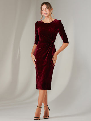 Velvet Side Tie Midi Dress, Burgundy