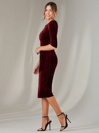 Velvet Side Tie Midi Dress, Burgundy