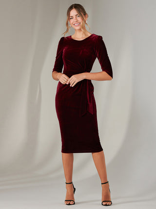 Velvet Side Tie Midi Dress, Burgundy