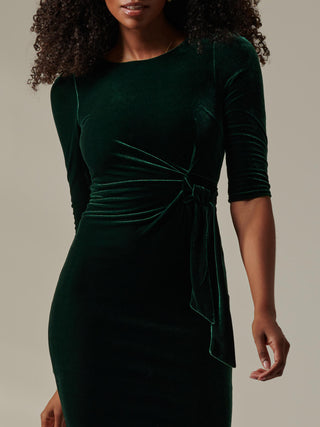 Velvet Side Tie Midi Dress, Dark Green