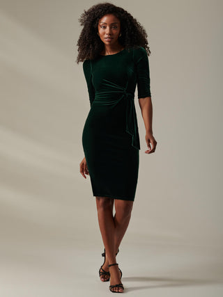 Velvet Side Tie Midi Dress, Dark Green