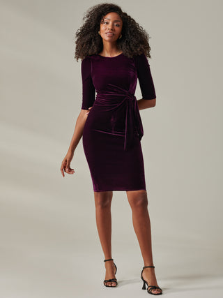 Velvet Side Tie Midi Dress, Dark Purple