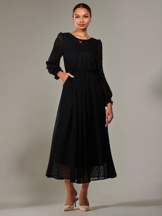 long black chiffon dress with sleeves Women's Black Chiffon Boat Neck Long Sleeve Maxi Dress
