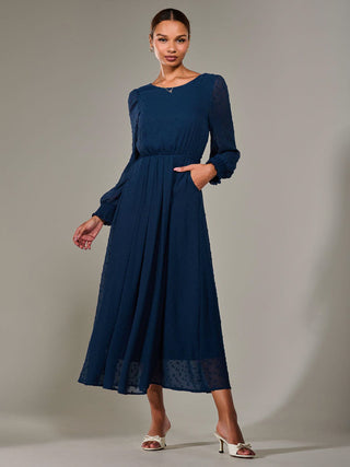 Long Sleeve Chiffon Midaxi Dress, Navy Jolie Moi Retail Long Sleeve Chiffon Midaxi Dress, Navy Jolie Moi Retail