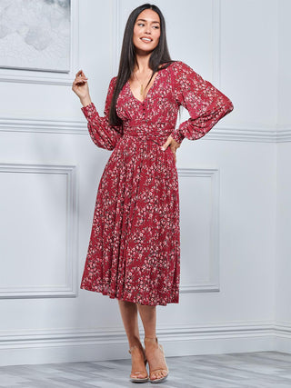 Jolie Moi Gianna Long Sleeve Mesh Midi Dress, Wine Floral
