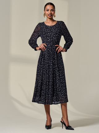 Long Sleeve Mesh Midi Dress, Black