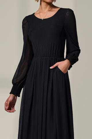 Long Sleeve Mesh Midi Dress, Black