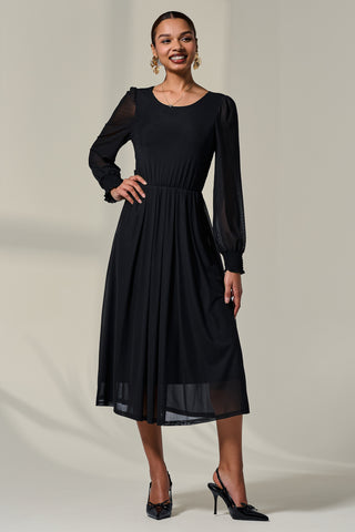 Long Sleeve Mesh Midi Dress, Black