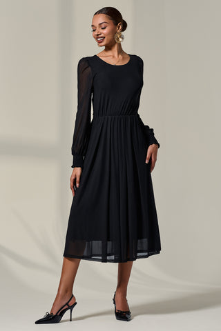 Long Sleeve Mesh Midi Dress, Black