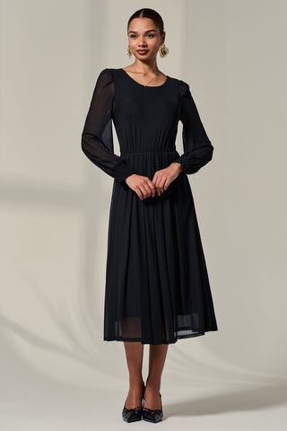 Long Sleeve Mesh Midi Dress, Black