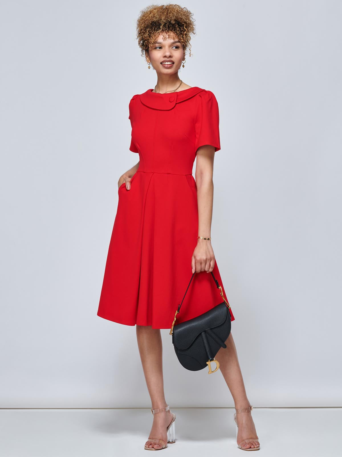 Jolie Moi Valencia Button Collar Dress, Red