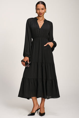 Long Sleeve Textured Satin Midaxi Dress, Black